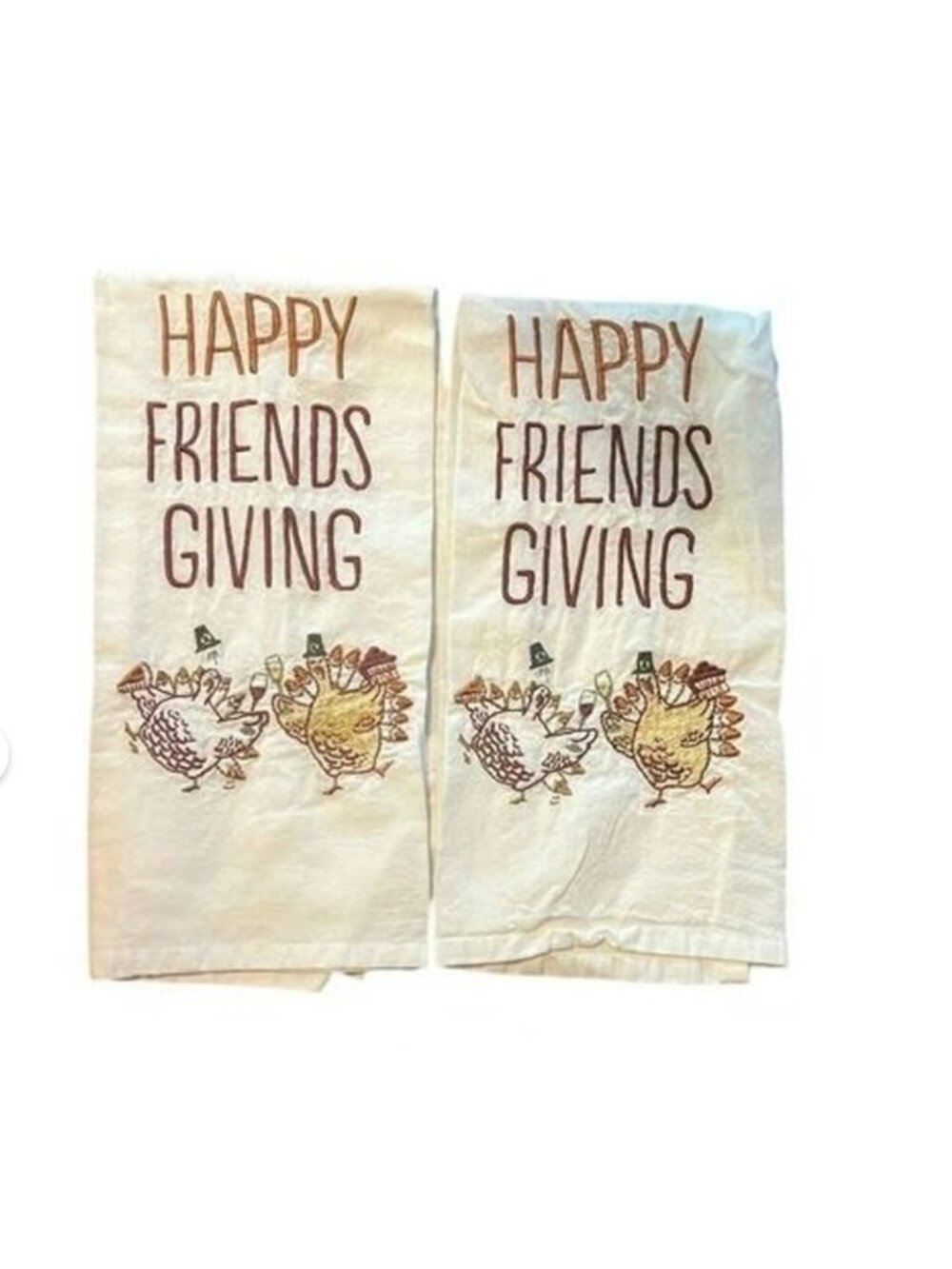 Happy Friendsgiving Kitchen Dish Towels Set Of 2 Embroidered Turkey Design By De